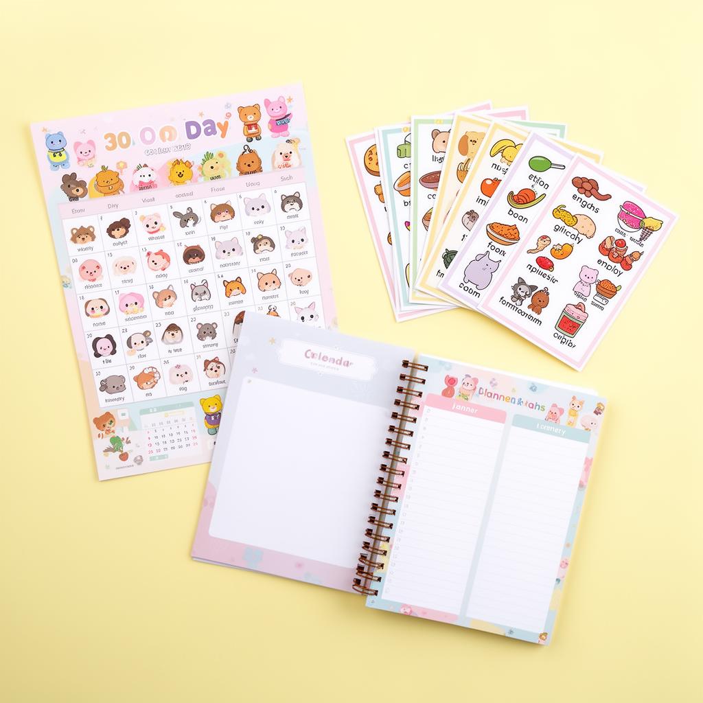 Mockup do calendário, cartões e planner do pack